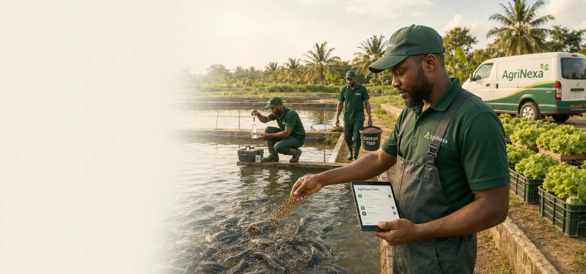 AgriNexa farm manager feeding catfish while recording the activity on the AgriNexa Farm app