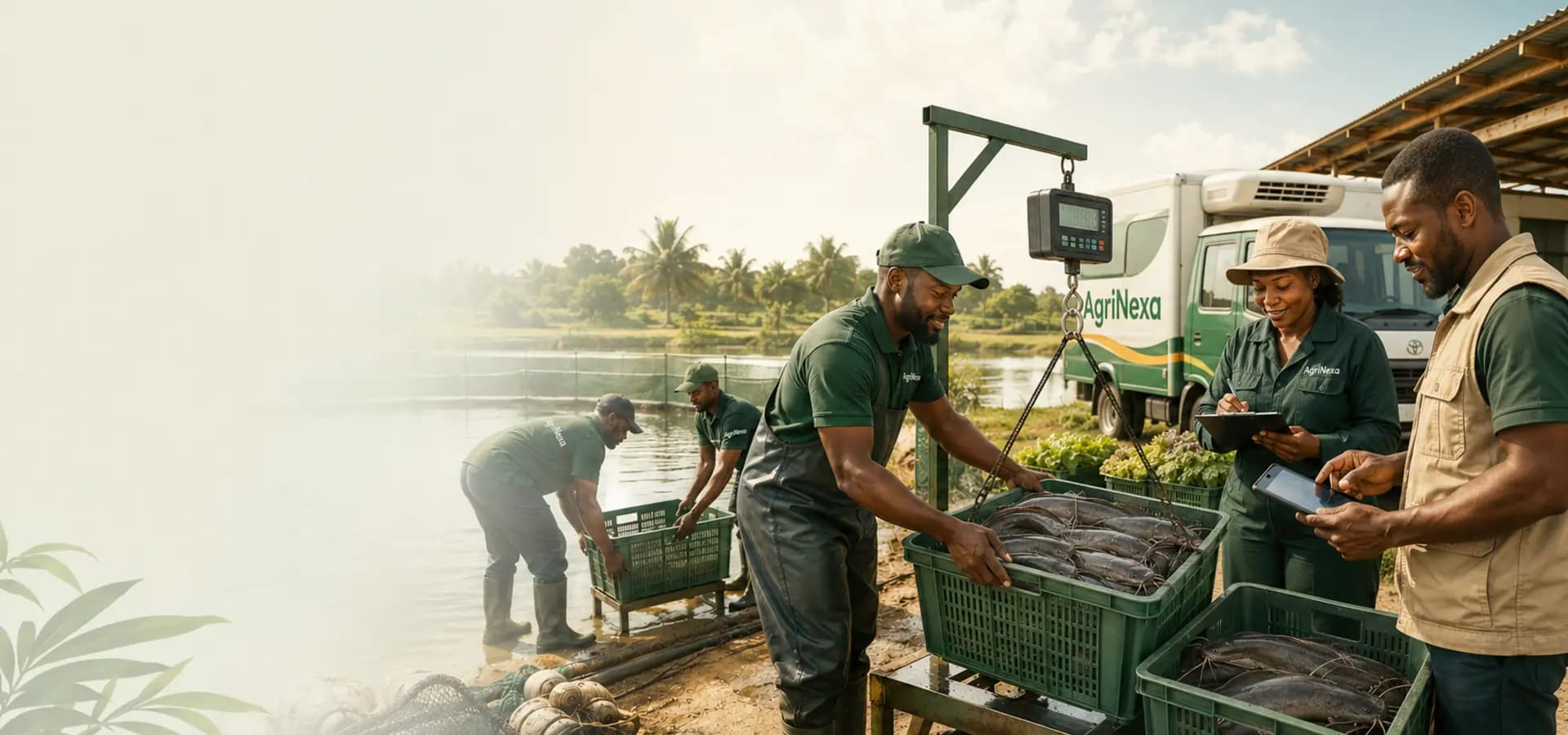 Catfish harvest being weighed and documented for coordinated market delivery
